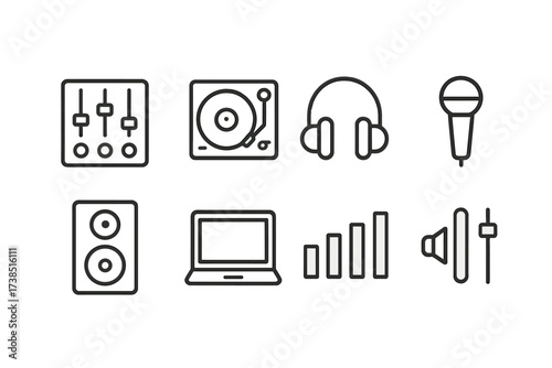 DJ Equipment Icons. Outline icon set of live DJ performance: mixer, turntable, headphones, microphone, speaker, laptop, equalizer, volume control. Line icons