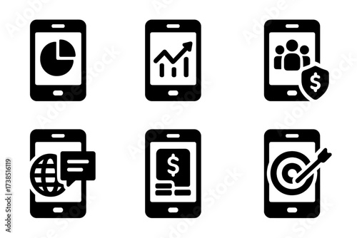 Mobile Banking Icon Set. Solid, filled icon set of mobile banking investments: portfolio overview, stock trading, mutual funds, fixed deposits, market news,