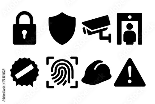 Cargo Security Icons. Solid, filled icon set of cargo security: lock, shield, CCTV camera, security checkpoint, seal sticker, fingerprint scan, safety helmet,