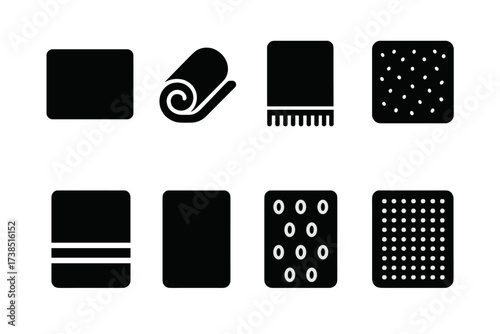 Towel Icon Set. Solid, filled icon set of towel shapes and textures: rectangular towel, rolled towel, fringed towel, terry cloth, striped towel, plain towel,