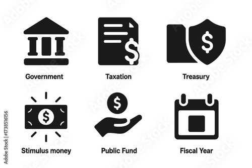 Fiscal Policy Icons. Solid, filled icon set of fiscal policy: government budget, taxation sheet, spending folder, treasury symbol, stimulus money, national