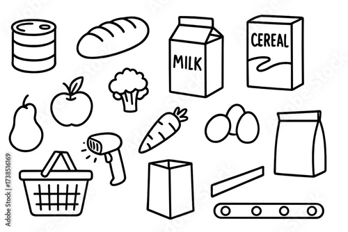 Supermarket Doodle Icons. Supermarket Essentials. Hand-drawn doodle illustration canned goods, bread loaf, milk carton, cereal box, fruit, vegetables, eggs,