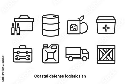 Coastal Defense Icons. Outline icon set of coastal defense logistics and supplies: ammunition box, fuel drum, food rations, medical supplies, toolkit, water