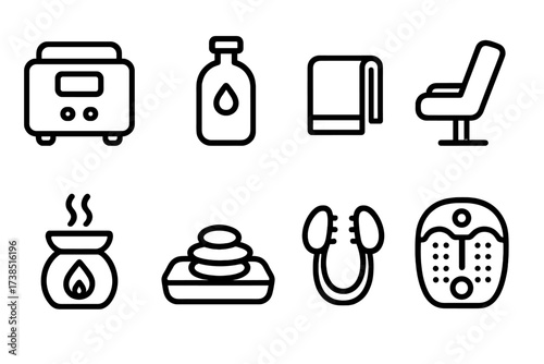 Massage Accessories Icons. Solid, filled icon set of hot stone massage accessories: stone heater, massage oil bottle, towel, relaxing chair, aroma diffuser,