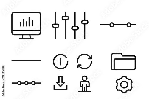 Outline Icon Grid. Outline icon set of digital equalizer features: preset modes, custom settings, flat curve, bass boost, treble boost, midrange adjustment,