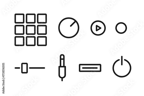 Music Device Icons. Outline icon set of music device elements: pad buttons, volume knob, play button, record light, slider bar, headphone jack, USB port, power