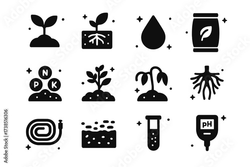 Plant Health Icons. Soil and plants. Solid icons set of plant sprout, root system in sandy soil, water droplet, fertilizer bag, soil nutrients, crop plant,