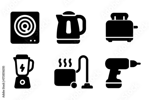 Induction Appliances Icons. Solid, filled icon set of induction home appliances: induction cooker, electric kettle, wireless charger, toaster, blender, heating