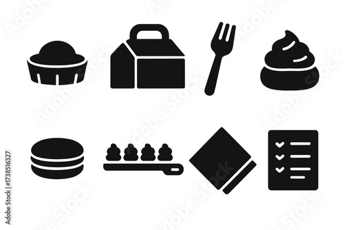 Pastry Tasting Icons. Solid, filled icon set of pastry tasting: mini tart, pastry box, sample fork, cream puff, macaron, tasting tray, napkin, scoring sheet.