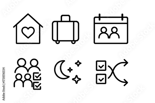 Shared Dreams Icons. Outline icon set of shared dreams: house with heart, travel suitcase, shared calendar, baby stroller, future plans, couple goal list,
