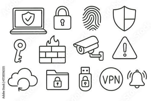 Laptop Security Icons. Hand-drawn doodle illustration Laptop security laptop, padlock, fingerprint, shield, antivirus icon, password key, firewall, camera with