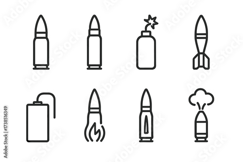 Artillery Icon Set. Outline icon set of artillery ammunition: shell, cartridge, fuse, projectile, explosive charge, tracer round, armor-piercing shell, smoke