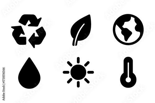 Compost Icons Grid. Solid, filled icon set of composting symbols: recycle arrows, leaf, plant sprout, earth, water droplet, sun, thermometer, clock. [Line