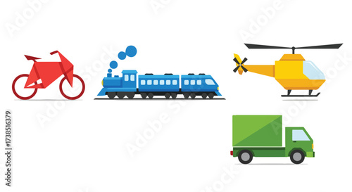 Diverse Modes of Transportation Bicycle Train Helicopter and Truck Icons Representing Travel and Logistics