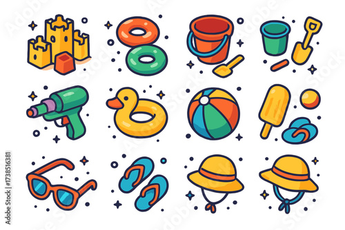 Kids Beach Icons. Kids at beach. Colorful isometric vector icons set of kids at beach: sandcastle kit, mini floaties, beach bucket, small spade, toy sailboat,