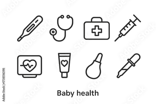 Baby Health Icon Set. Outline icon set of baby health: thermometer, stethoscope, first aid kit, vaccine syringe, heart rate monitor, diaper rash cream, nasal