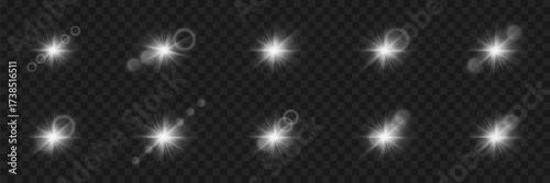White sparkling light and lens set. Vector illustration