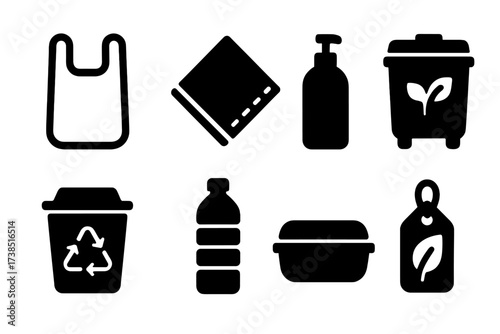 Waste Reduction Icons. Solid, filled icon set of waste reduction tools: reusable bag, cloth napkin, refill bottle, compost bin, recycling bin, water bottle,