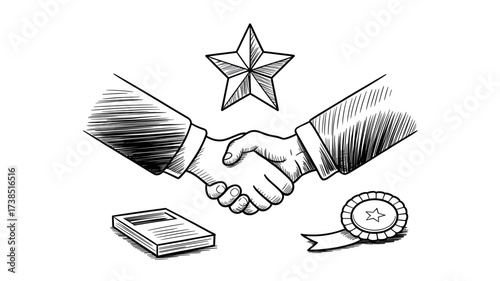 Handshake illustration symbolizing partnership agreement and success with a star and award badge representing achievement and recognition in a business or organizational context