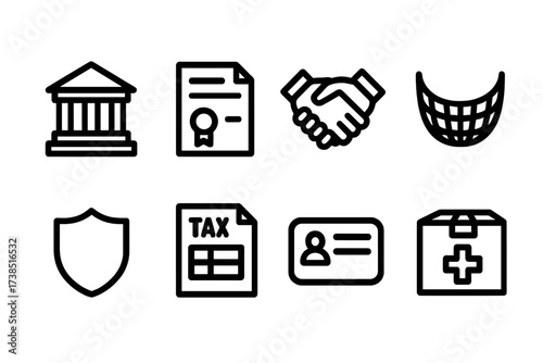 Government Aid Icons. Solid, filled icon set of government aid: government building, official document, handshake, safety net, shield, tax form, public