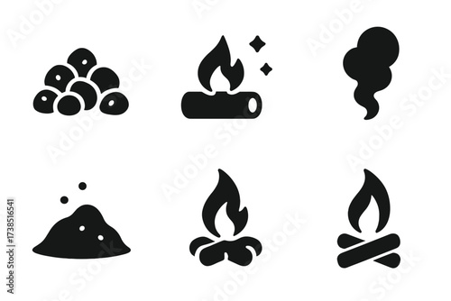 Embers Icon Set. Solid, filled icon set of embers: glowing coal, burning log, sparks, smoke plume, ash pile, fire pit, flame flicker, campfire. [Line icons in