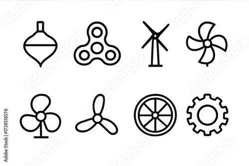 Spinning Objects Icon Set. Outline icon set of spinning objects: spinning top, fidget spinner, windmill, pinwheel, fan, propeller, bicycle wheel, gear. Line