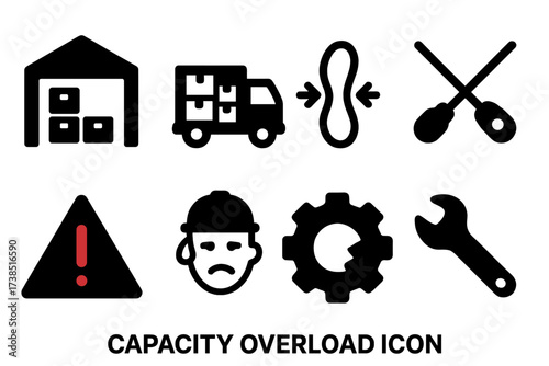 Capacity Overload Icons. Solid, filled icon set of capacity overload: full warehouse, overloaded truck, stretched rubber band, crossed wires, red warning,