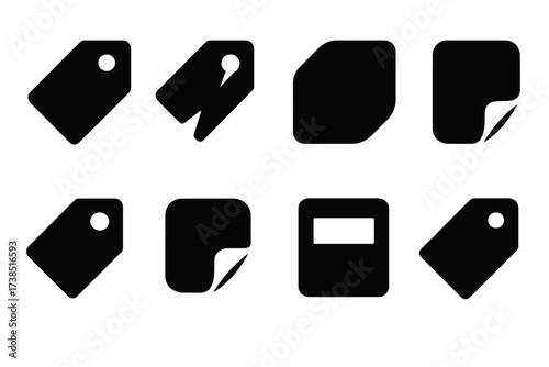 Label States Icons. Solid, filled icon set of label states: new label, damaged tag, faded sticker, peeling label, folded tag, torn sticker, replaced label,