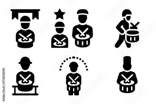 Military Drum Icon Set. Solid, filled icon set of military drum performance settings: parade, ceremony, battlefield, drill, marching band, concert, rehearsal,