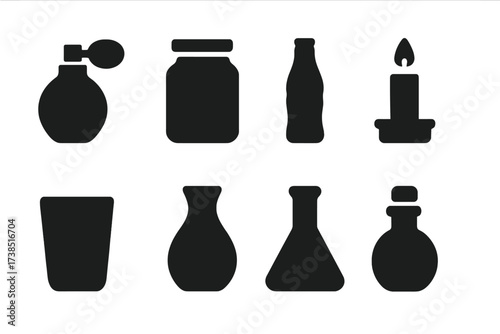 Glass Container Icons. Solid, filled icon set of glass containers: perfume bottle, glass jar, soda bottle, candle holder, drinking glass, glass vase, lab