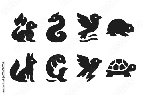 Elemental Familiars Icons. Solid, filled icon set of elemental familiars: fire lizard, water serpent, wind bird, earth mole, ember fox, wave fish, storm crow,