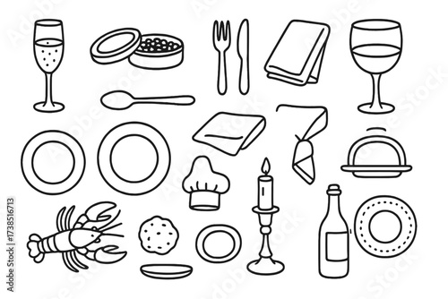 Luxury Dining Icons. Hand-drawn doodle illustration luxury dining champagne glass, caviar, silver cutlery, crystal wine glass, gourmet plate, gold spoon, fine