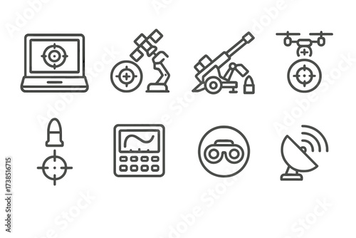 Modern Artillery Icon Set. Outline icon set of modern artillery technology: digital fire control, GPS targeting, automated loading, drone spotting, laser