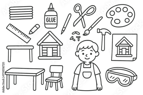Popsicle Stick Crafting. Hand-drawn doodle illustration Crafting popsicle stick houses popsicle sticks, glue bottle, scissors, paintbrush, paint palette,