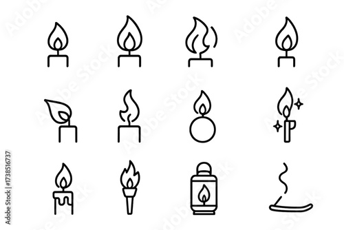 Candle Flame Icons. Candle flame styles. Line icon set of Candle flame styles: small flame, big flame, flickering flame, double flame, sideways