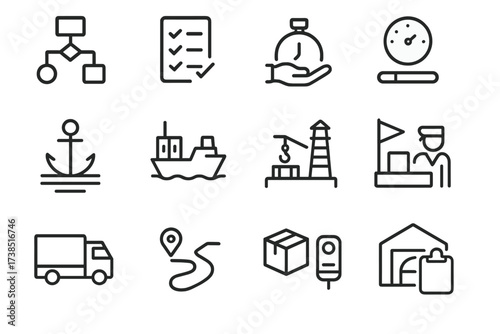 Iconic Workflow Designs. Outline icon set of dispatch workflow: process flowchart, checklist, handoff, timer, progress bar, clipboard, gears, computer screen.