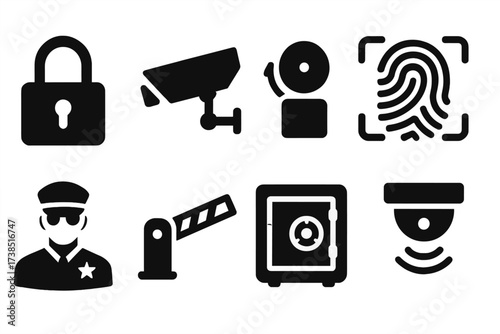 Security Icon Set. Solid, filled icon set of physical security: padlock, security camera, alarm bell, fingerprint scanner, security guard, barrier gate, safe,