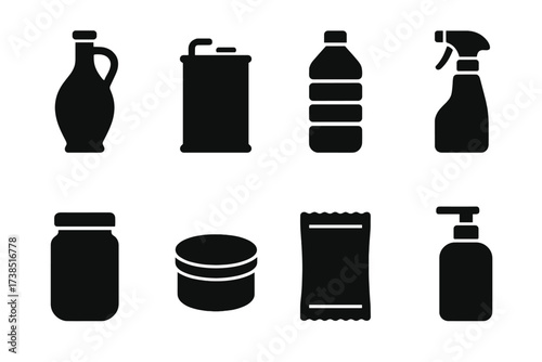 Olive Oil Packaging Icons. Solid, filled icon set of olive oil packaging: glass bottle, metal can, plastic bottle, spray bottle, jar, tin, sachet, pump bottle.