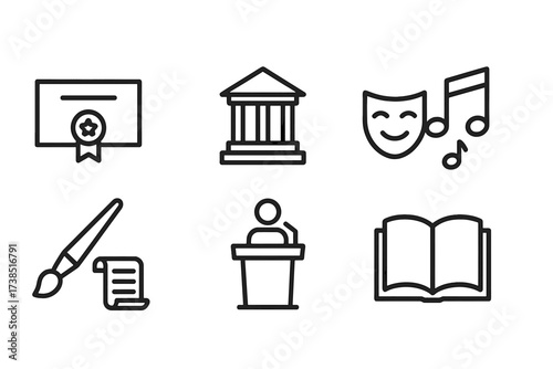 Noble Education Icons. Outline icon set of noble education and culture: diploma, library, theater masks, musical notes, paintbrush, scroll, podium, book. Line