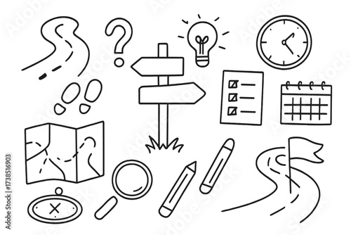Decision Path Icons. Hand-drawn doodle illustration decision path crossroads, arrows, signpost, question mark, light bulb, checklist, clock,