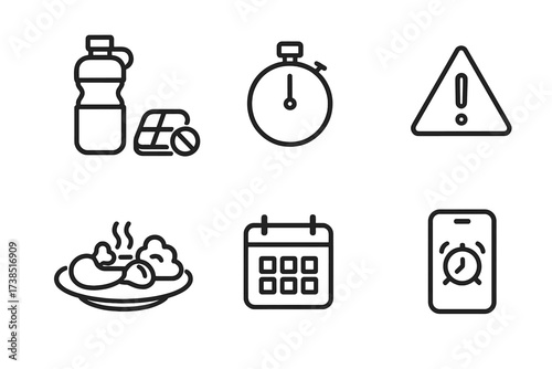 Hangover Prevention Icons. Outline icon set of hangover prevention tools: water bottle, pill box, timer, food plate, warning sign, calendar, journal, phone
