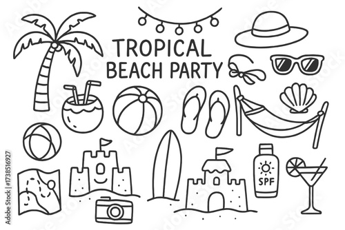 Tropical Beach Doodle. Hand-drawn doodle illustration Tropical beach party palm tree, coconut drink, sun hat, sunglasses, flip-flops, beach ball, surfboard,