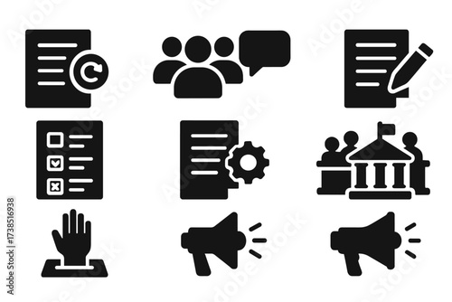 Regulation Review Icons. Solid, filled icon set of regulation review: policy update, public consultation, feedback form, amendment proposal, legal analysis,