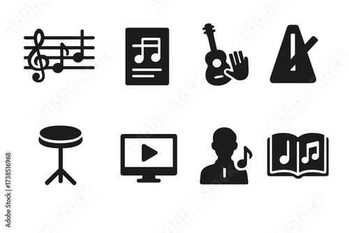 Jazz Education Icons. Solid, filled icon set of jazz education: music theory, sheet music, instrument lessons, metronome, practice pad, video tutorial,