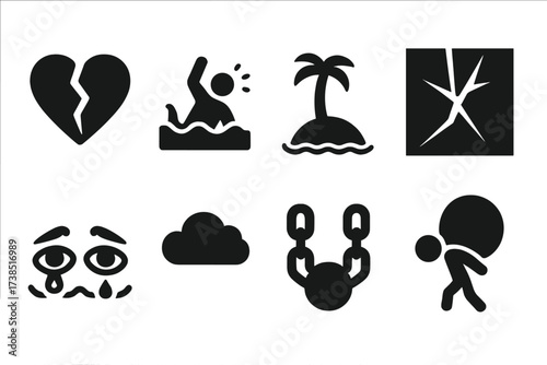 Fear Metaphor Icons. Solid, filled icon set of fear metaphors: cracked heart, sinking figure, isolated island, shattered glass, drowning eyes, black cloud,