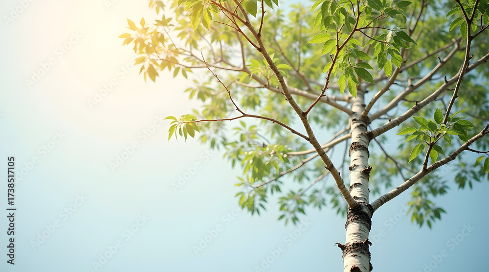 Fototapeta premium A vibrant tree reaches upward, showcasing fresh green leaves against a clear blue sky.
