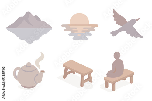Tranquil Scene Icons. Isometric vector illustration set Tranquility and Stillness: mountain silhouette, calm lake reflection,