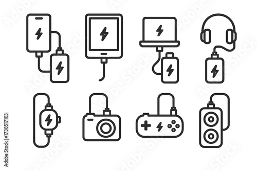 Power Bank Icon Set. Outline icon set of power bank usage: charging smartphone, charging tablet, charging laptop, charging headphones, charging smartwatch,