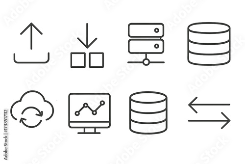 Network and Body Icons. Outline icon set of network data flow: upload, download, data packet, server, cloud sync, analytics chart, database, bandwidth. Line