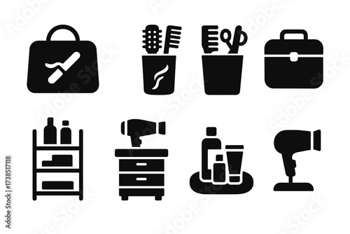 Hair Tools Icon Set. Solid, filled icon set of ringlet hair tools storage: styling bag, brush holder, tool organizer, travel case, product shelf, salon